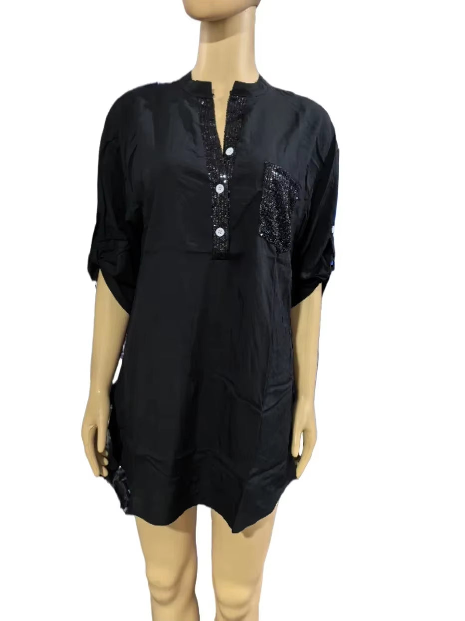 Cotton V-Neck Sequin Mid-Sleeve Casual Top Summer Women Blouses Casual Loose Collar Button Printed Sun Protection Pocket Shirt