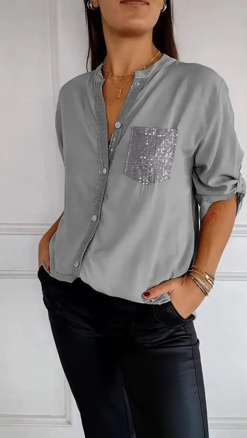 Cotton V-Neck Sequin Mid-Sleeve Casual Top Summer Women Blouses Casual Loose Collar Button Printed Sun Protection Pocket Shirt