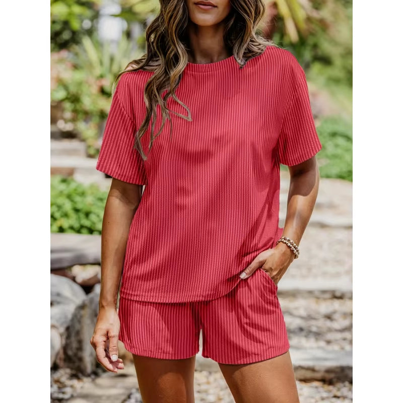 Plus Size 1XL-5XL Women‘S Fashion Outfit Solid Color Set Short Sleeve T-Shirts + Shorts Two Pieces Sets Loose 2 Pieces Set