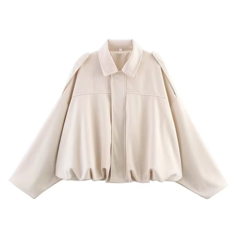 New 2025 Women Suede Textured Bomber Jacket Long Sleeve Lapel Collar Loose Coats Casual Female Outerwear Chic Tops