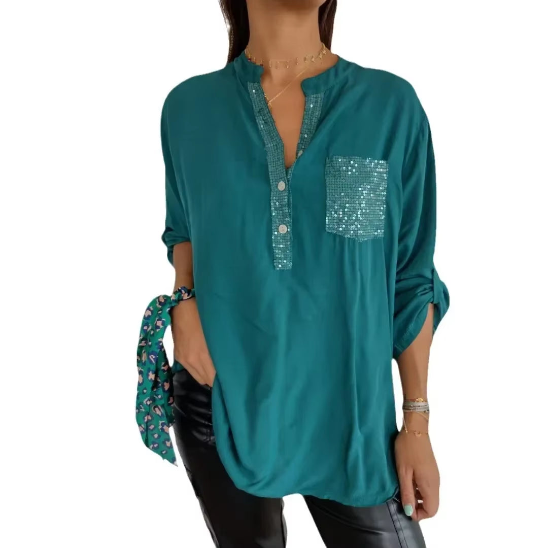 Cotton V-Neck Sequin Mid-Sleeve Casual Top Summer Women Blouses Casual Loose Collar Button Printed Sun Protection Pocket Shirt