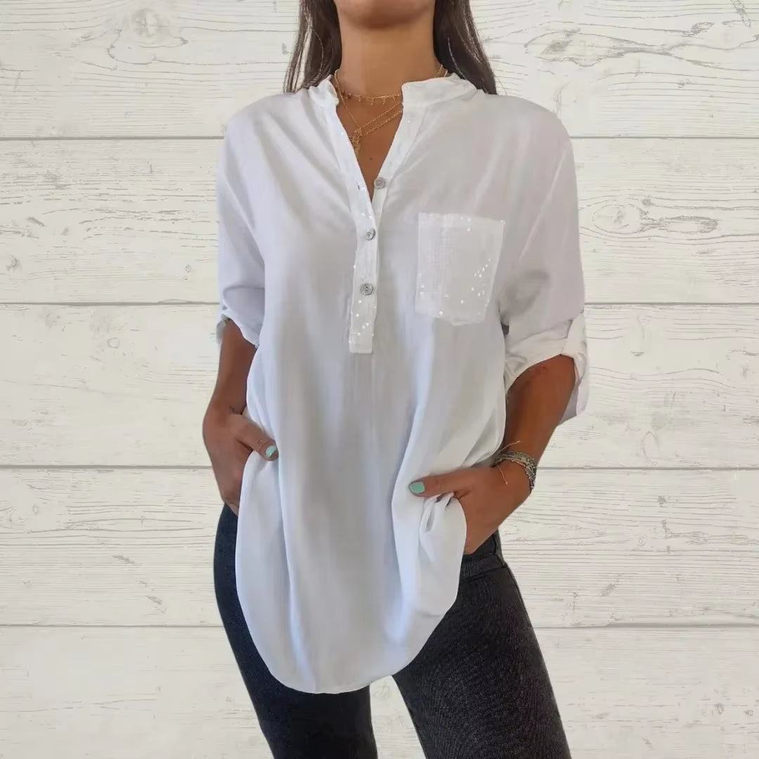 Cotton V-Neck Sequin Mid-Sleeve Casual Top Summer Women Blouses Casual Loose Collar Button Printed Sun Protection Pocket Shirt