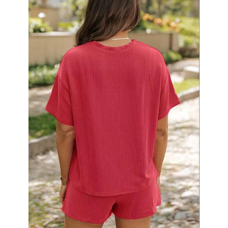 Plus Size 1XL-5XL Women‘S Fashion Outfit Solid Color Set Short Sleeve T-Shirts + Shorts Two Pieces Sets Loose 2 Pieces Set