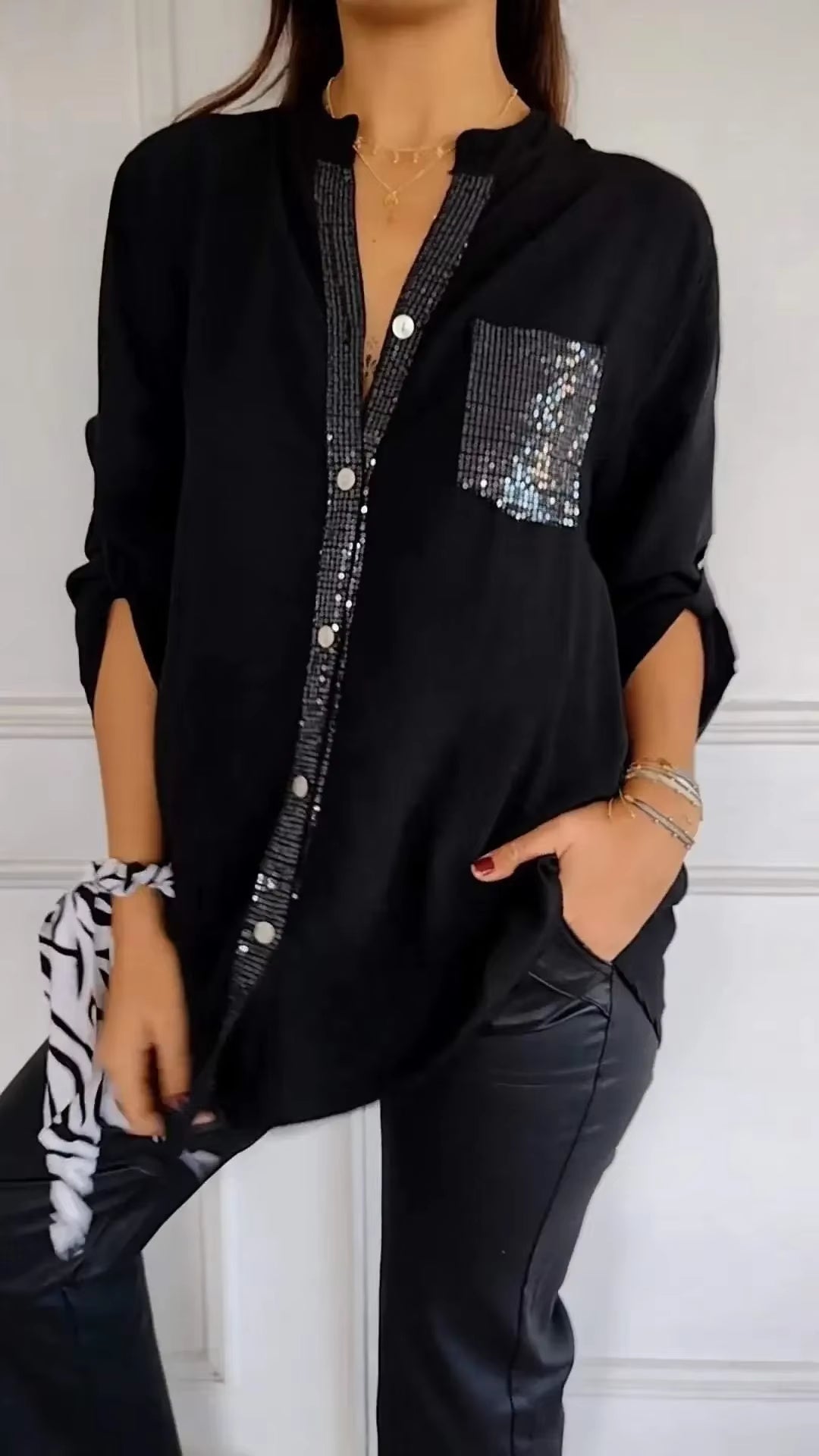 Cotton V-Neck Sequin Mid-Sleeve Casual Top Summer Women Blouses Casual Loose Collar Button Printed Sun Protection Pocket Shirt