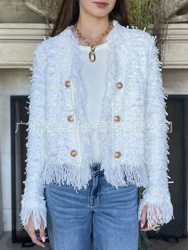 Fashion Metal Button Short Jacket Women Solid Color Autumn Button round Neck Jacket for Women 2025