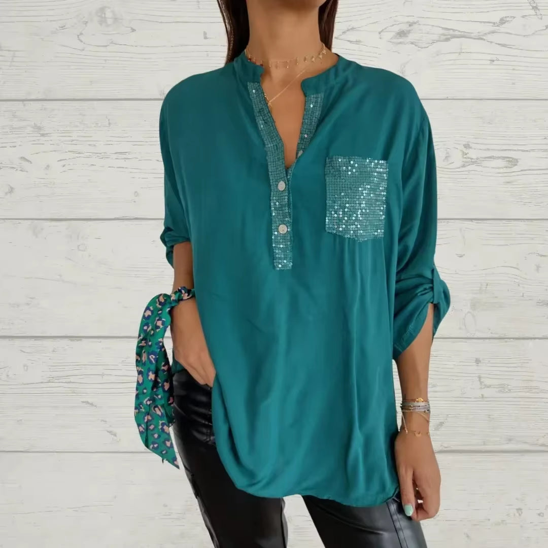 Cotton V-Neck Sequin Mid-Sleeve Casual Top Summer Women Blouses Casual Loose Collar Button Printed Sun Protection Pocket Shirt
