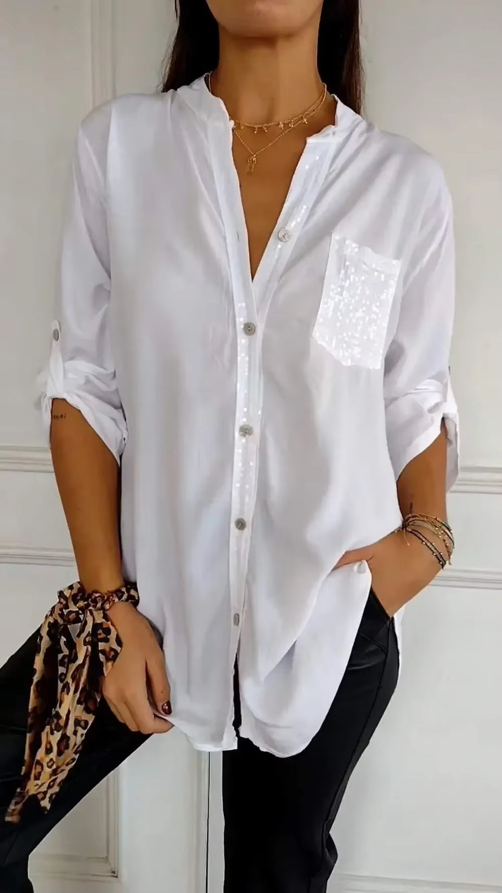 Cotton V-Neck Sequin Mid-Sleeve Casual Top Summer Women Blouses Casual Loose Collar Button Printed Sun Protection Pocket Shirt