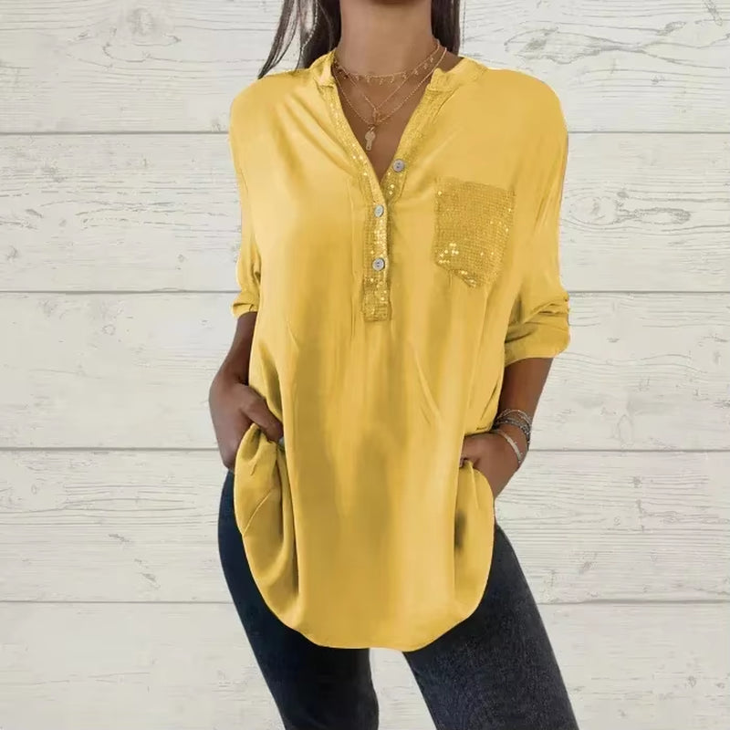 Cotton V-Neck Sequin Mid-Sleeve Casual Top Summer Women Blouses Casual Loose Collar Button Printed Sun Protection Pocket Shirt