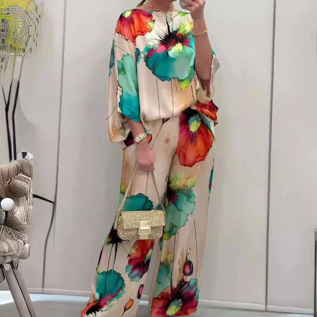 Spring Autumn Women Top Shirt 2 Piece Set New Fashion Slash Neck Long Sleeve Elegant Print Suit Lady Office Party Holiday Sets
