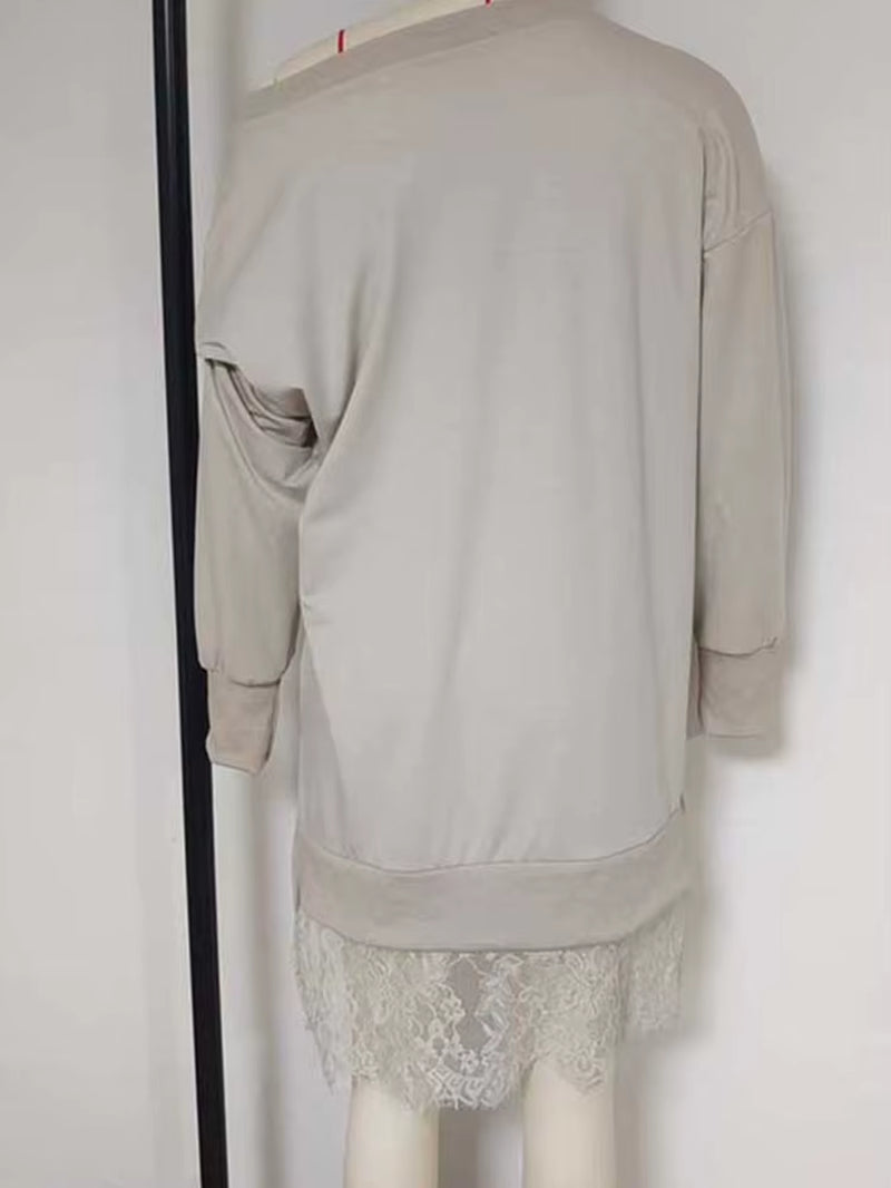 Women Top 2025 New Autumn Clothing Fashion Lace Slit Mid-Length Sweatshirt Casual Loose Pullover Sweatshirt for Women Streetwear