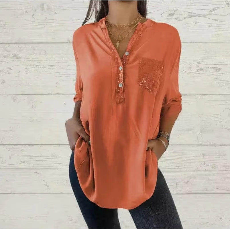 Cotton V-Neck Sequin Mid-Sleeve Casual Top Summer Women Blouses Casual Loose Collar Button Printed Sun Protection Pocket Shirt