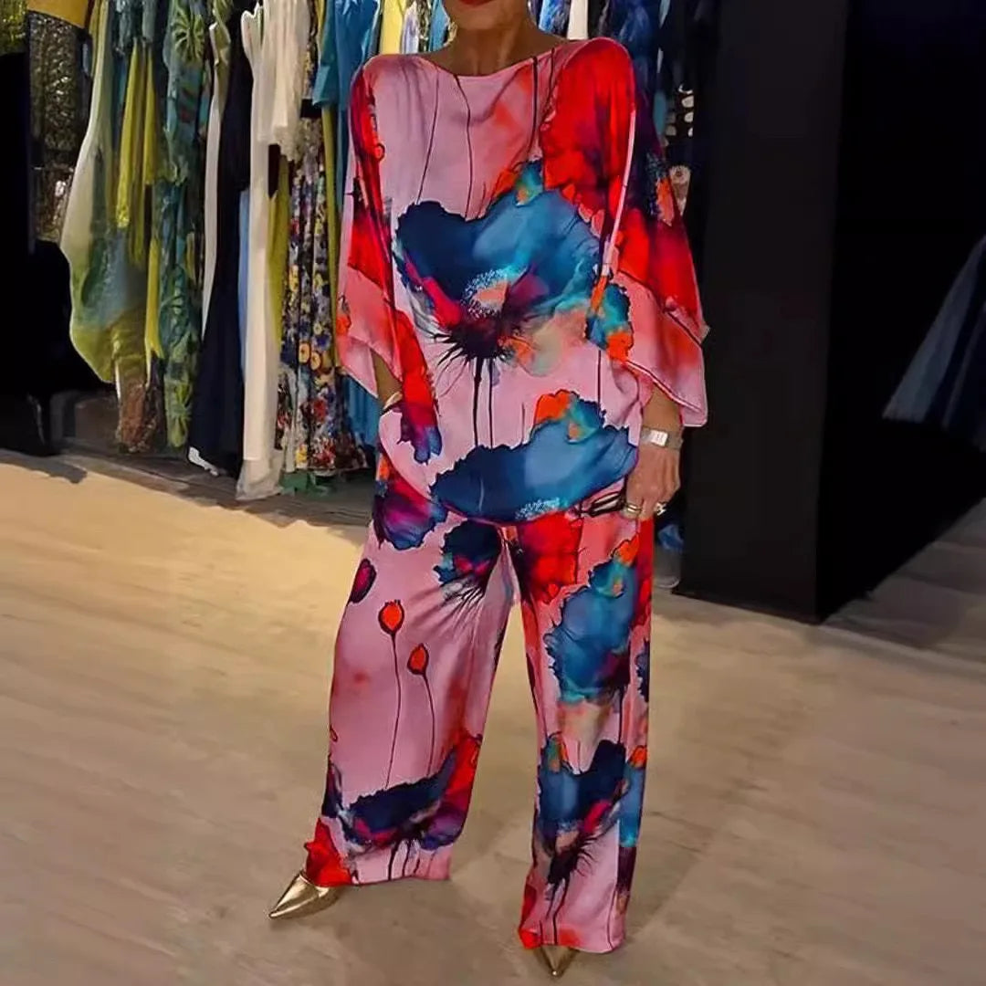Spring Autumn Women Top Shirt 2 Piece Set New Fashion Slash Neck Long Sleeve Elegant Print Suit Lady Office Party Holiday Sets