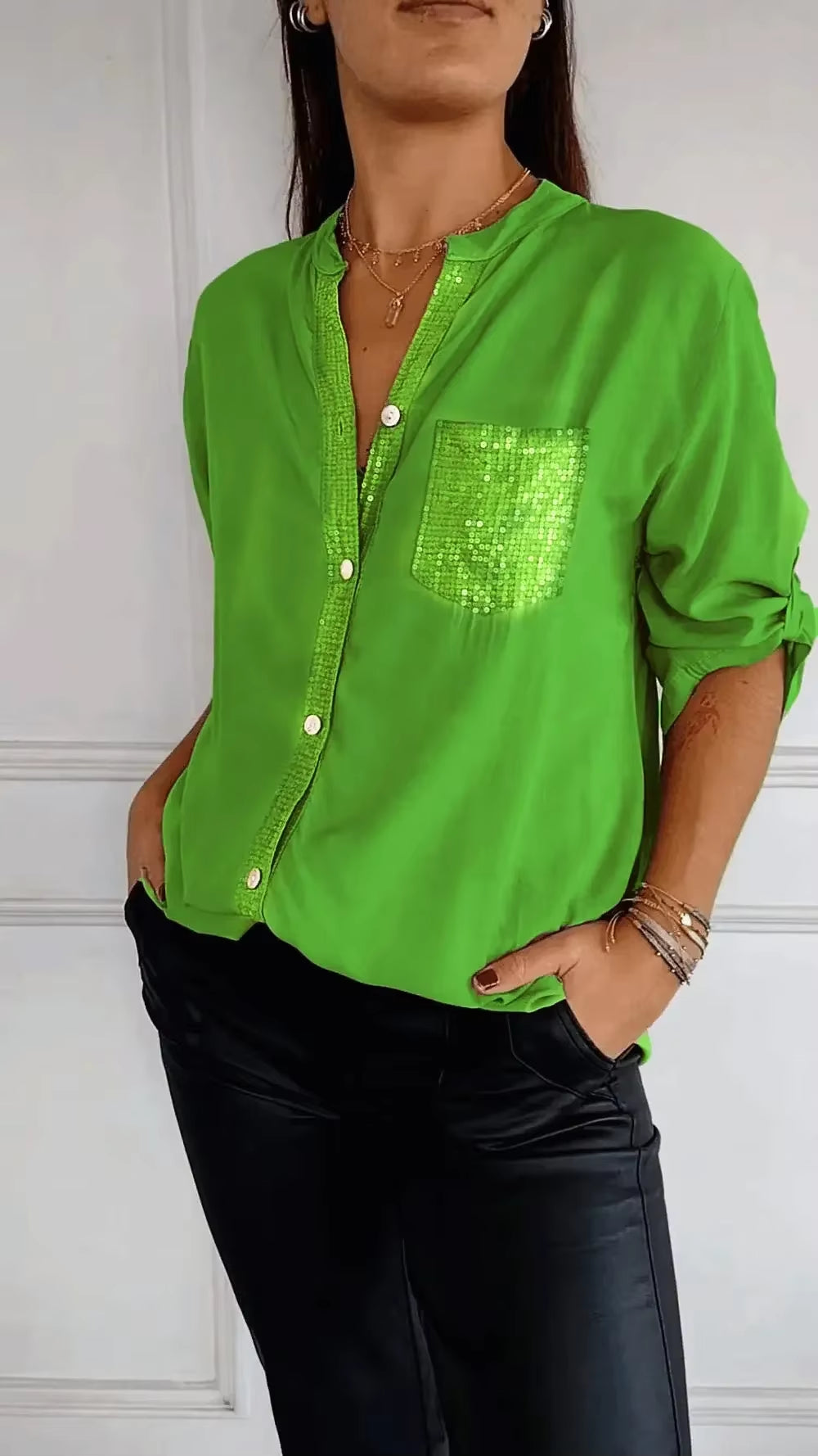 Cotton V-Neck Sequin Mid-Sleeve Casual Top Summer Women Blouses Casual Loose Collar Button Printed Sun Protection Pocket Shirt