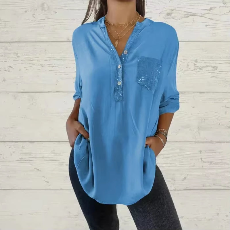 Cotton V-Neck Sequin Mid-Sleeve Casual Top Summer Women Blouses Casual Loose Collar Button Printed Sun Protection Pocket Shirt