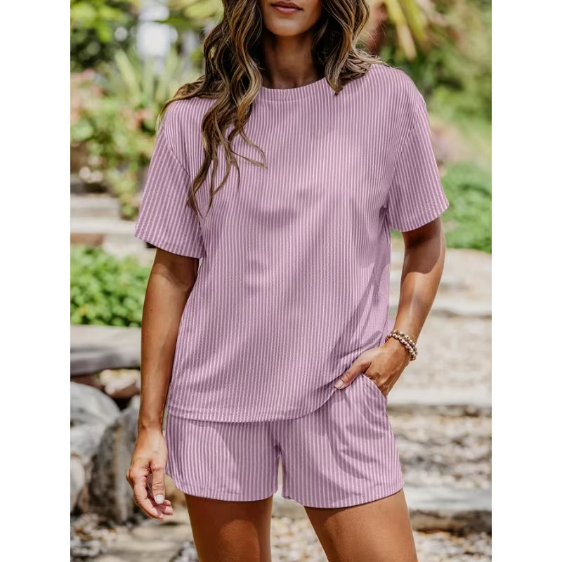 Plus Size 1XL-5XL Women‘S Fashion Outfit Solid Color Set Short Sleeve T-Shirts + Shorts Two Pieces Sets Loose 2 Pieces Set