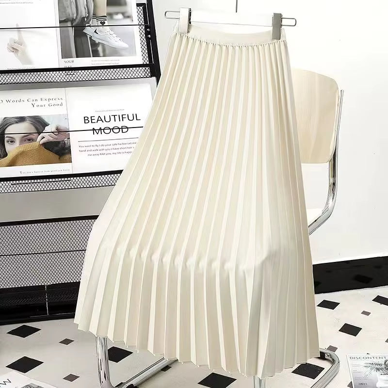 Pleated Skirts Women 2023 Autumn New Korean Fashion Vintage Solid a Line Skirt for Lady Chic Elegant Midi Skirt