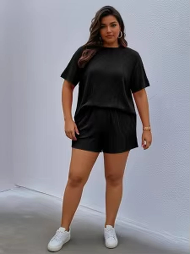 Plus Size 1XL-5XL Women‘S Fashion Outfit Solid Color Set Short Sleeve T-Shirts + Shorts Two Pieces Sets Loose 2 Pieces Set