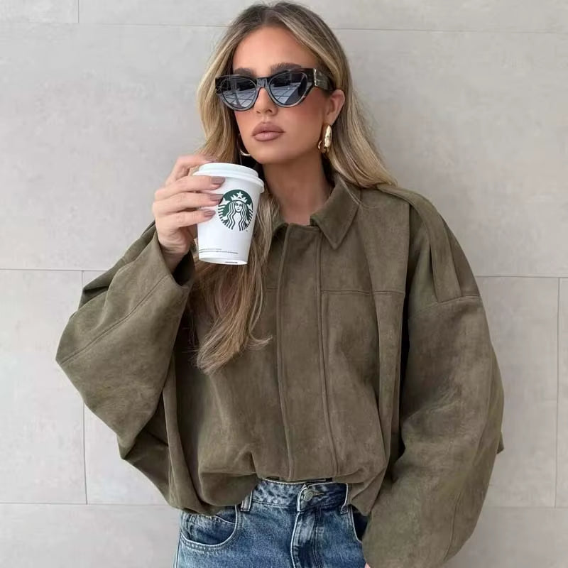 New 2025 Women Suede Textured Bomber Jacket Long Sleeve Lapel Collar Loose Coats Casual Female Outerwear Chic Tops