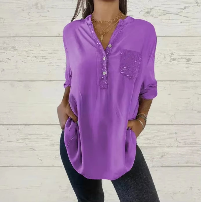 Cotton V-Neck Sequin Mid-Sleeve Casual Top Summer Women Blouses Casual Loose Collar Button Printed Sun Protection Pocket Shirt