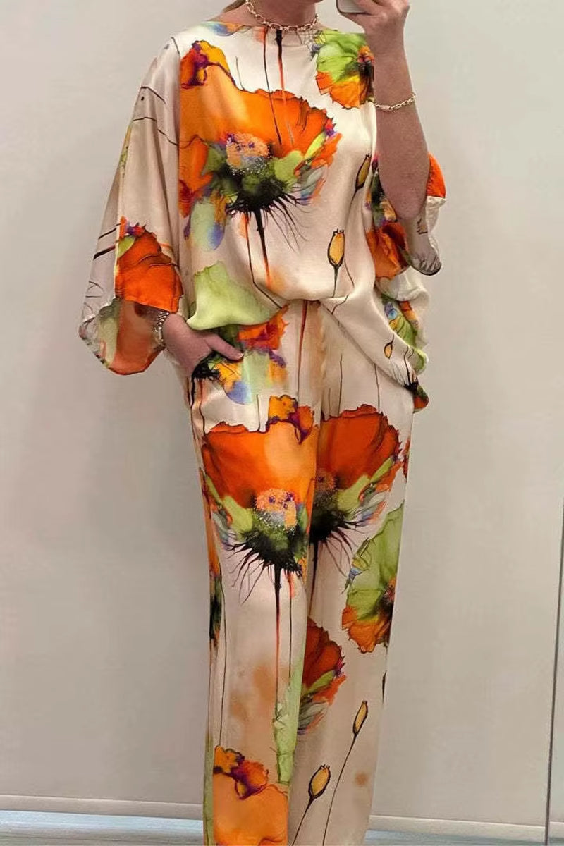Spring Autumn Women Top Shirt 2 Piece Set New Fashion Slash Neck Long Sleeve Elegant Print Suit Lady Office Party Holiday Sets