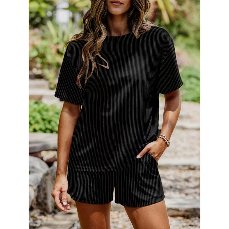 Plus Size 1XL-5XL Women‘S Fashion Outfit Solid Color Set Short Sleeve T-Shirts + Shorts Two Pieces Sets Loose 2 Pieces Set