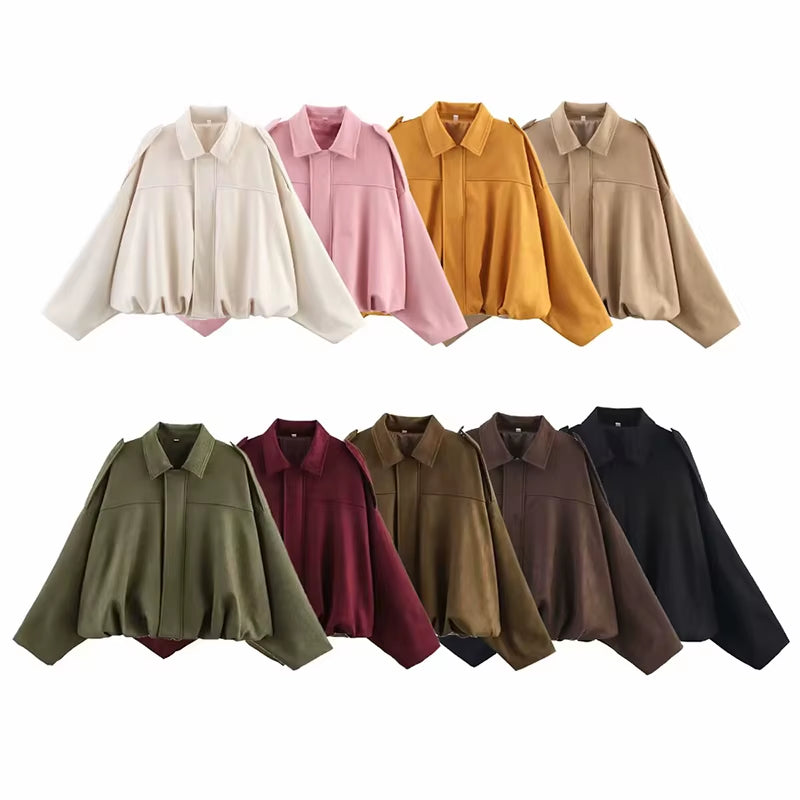 New 2025 Women Suede Textured Bomber Jacket Long Sleeve Lapel Collar Loose Coats Casual Female Outerwear Chic Tops